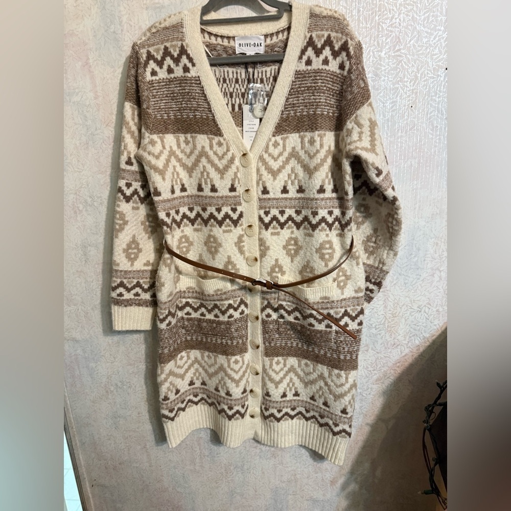 Olive & Oak Brown and Cream Geometric Sweater Dress With Belt, Sz XL
